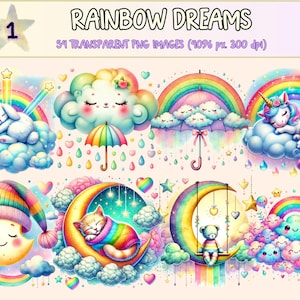 Rainbow Dreams Clipart - 54 PNG Whimsical Colorful Graphics, Pastel Sky Printable Illustrations, Instant Digital Download, Commercial Use