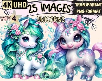 Unicorns (P4) Clipart - 25 PNG Magical Unicorn Graphics, Fairytale Whimsical Printables, Instant Digital Download, Unlimited Commercial Use