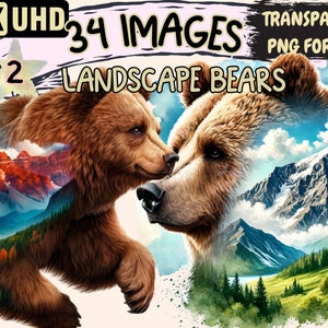Landscape Bears (P2) Clipart - 34 PNG Scenic Bear Graphics, Nature Printables, Instant Digital Download, Unlimited Commercial Use Crafts