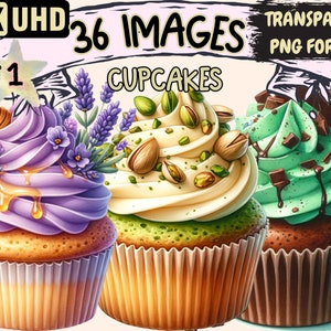 Cupcakes Clipart - 36 PNG Delicious Cupcake Graphics, Sweet Treat Printables, Instant Digital Download, Unlimited Commercial Use for Crafts