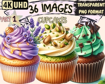 Cupcakes Clipart - 36 PNG Delicious Cupcake Graphics, Sweet Treat Printables, Instant Digital Download, Unlimited Commercial Use for Crafts
