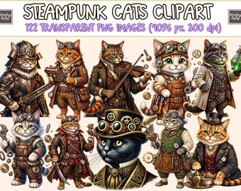 May include: A digital collection of 122 transparent PNG images titled Steampunk Cats Clipart. The images feature various cats dressed in mechanical gear, goggles, and Victorian-style clothing, including a samurai cat, a violinist, and a cat holding a potion.
