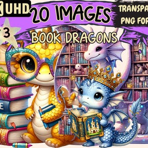 Book Dragons (P3) Clipart - 20 PNG Literary Dragon Illustrations, Fantasy Art, Instant Digital Download, Unlimited Commercial Use for Crafts