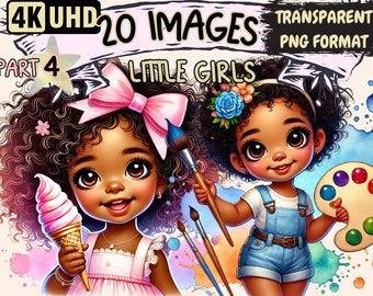 May include: Two digital illustrations of young girls with brown skin and curly black hair. One girl is holding a pink ice cream cone and the other is holding a paintbrush and a paint palette.