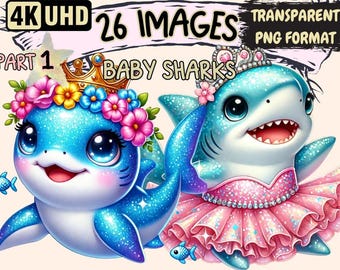 Baby Sharks Clipart - 26 PNG Cute Shark Illustrations, Adorable Ocean Art, Instant Digital Download, Unlimited Commercial Use for Crafts