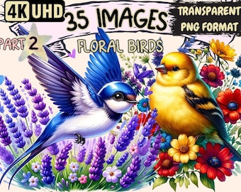 Floral Birds Clipart – 35 PNG Graphics, Flower Printables (Digital Download)