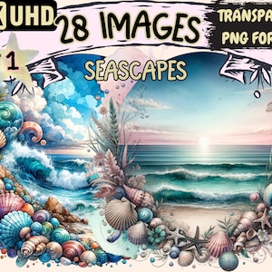 Seascapes Clipart - 28 PNG Stunning Ocean Graphics, Coastal Printables, Instant Digital Download, Unlimited Commercial Use Crafts Designs