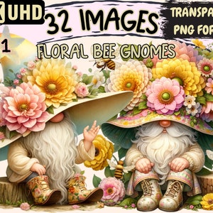 Floral Bee Gnomes Clipart Bundle - 32 PNG Flower Gnome Graphics, Cute Spring Printables, Instant Digital Download, Unlimited Commercial Use