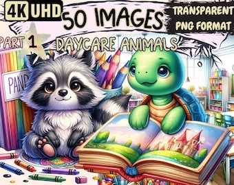 Daycare Animals Clipart - 50 PNG Cute Animal Graphics, Little Playful Printables for Kids, Instant Digital Download,Unlimited Commercial Use