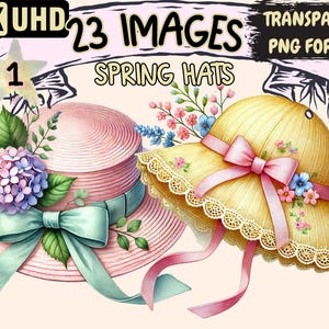 Spring Hats Clipart - 23 PNG Floral Bonnet Graphics, Easter Fashion, Vintage Headwear, Instant Digital Download, Commercial Use for Crafts