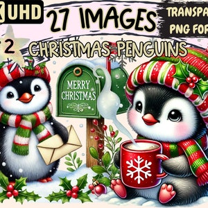 Christmas Penguins (P2) Clipart - 27 PNG Holiday Penguin Illustrations, Festive Art, Instant Digital Download,Unlimited Commercial Use Craft