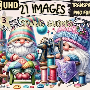 Sewing Gnomes (P3) Clipart - 21 PNG Whimsical Gnome Graphics, Sewing Printables, Instant Digital Download, Unlimited Commercial Use Crafts