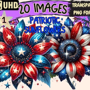 Patriotic Sunflowers Clipart - 20 PNG Red White Blue Illustrations, National Pride Art, Instant Digital Download, Unlimited Commercial Use