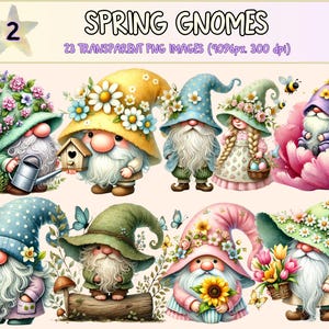 Spring Gnomes (P2) Clipart - 23 PNG Floral Gnome Graphics, Cute Springtime Garden Illustrations, Instant Digital Download, Commercial Use