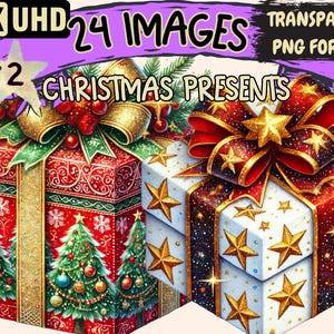 Christmas Presents (P2) Clipart - 24 PNG Festive Gift Illustrations, Holiday Art, Instant Digital Download, Unlimited Commercial Use Crafts