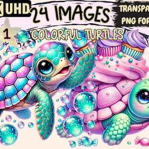 Colorful Turtles Clipart - 24 PNG Vibrant Turtle Illustrations, Whimsical Ocean Art, Instant Digital Download, Unlimited Commercial Use