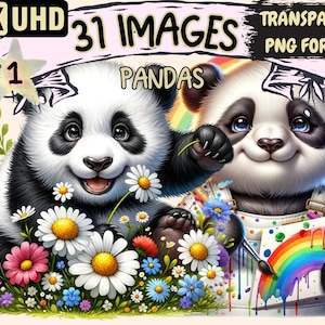 Pandas Clipart - 31 PNG Adorable Panda Graphics, Cute Black and White Panda Printables, Instant Digital Download, Unlimited Commercial Use