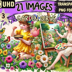 Garden Girls (P3) Clipart - 21 PNG Floral Child Illustrations, Girl Whimsical Art, Instant Digital Download, Unlimited Commercial Use Crafts