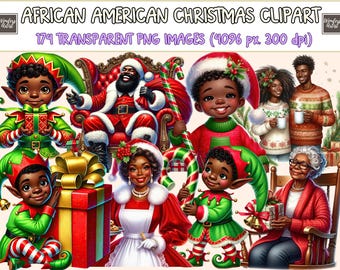 African American Christmas Clipart - 174 PNG X-Mas Holiday Graphics, Festive Printables, Instant Digital Download, Unlimited Commercial Use
