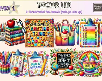 Teacher Life Clipart – Watercolor Classroom PNG Graphics (Digital Download)