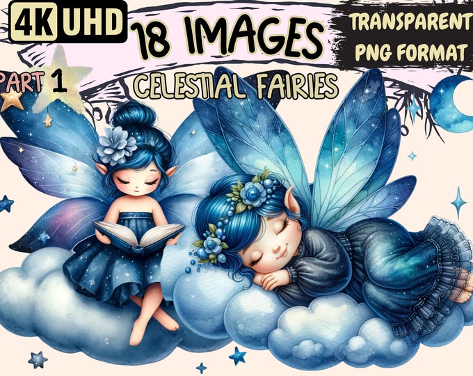 Celestial Fairies Clipart - 18 PNG Cute Night Fairy Graphics, Dreamy Fairytale Printables, Instant Digital Download,Unlimited Commercial Use