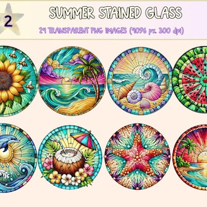 Summer Stained Glass (P2) Clipart - 24 PNG Colorful Window Graphics, Sunlight-Themed Illustrations, Instant Digital Download, Commercial Use