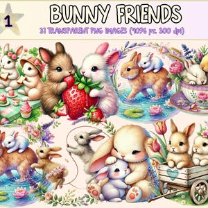 Clipart de amigos coelhos - 31 gráficos fofos de coelho em PNG, ilustrações de animais da primavera, imprimíveis de Páscoa, download digital instantâneo, uso comercial