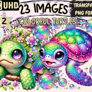 Colorful Turtles (P2) Clipart - 23 PNG Vibrant Turtle Illustrations, Whimsical Ocean Art, Instant Digital Download, Unlimited Commercial Use