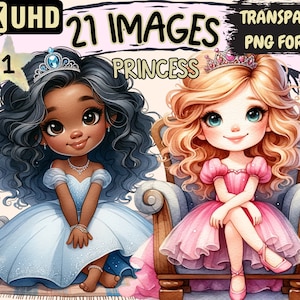 Princess Clipart Bundle - 21 PNG Little Princesses Graphics, Princess Girls Printables, Instant Digital Download, Unlimited Commercial Use
