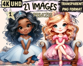 Princess Clipart Bundle - 21 PNG Little Princesses Graphics, Princess Girls Printables, Instant Digital Download, Unlimited Commercial Use