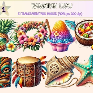 Hawaiian Luau (P1) Clipart - 31 PNG Tropical Summer Party Graphics, Island Celebration Illustrations,Instant Digital Download,Commercial Use