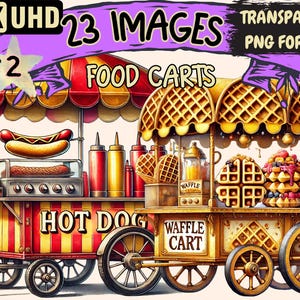 Food Carts (P2) Clipart - 23 PNG Street Vendor Illustrations, Tasty Culinary Art, Instant Digital Download, Unlimited Commercial Use Crafts