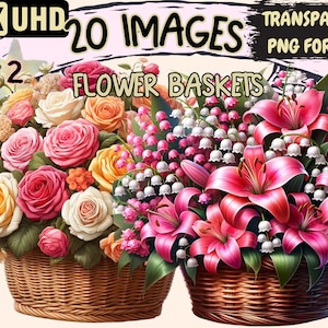 Flower Baskets (P2) Clipart - 20 PNG Charming Basket Graphics, Floral Printables, Instant Digital Download, Unlimited Commercial Use Crafts