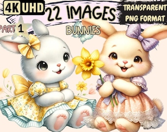 Bunnies Clipart - 22 PNG Cute Spring Bunny Graphics, Adorable Fluffy Animal Printables, Instant Digital Download, Unlimited Commercial Use
