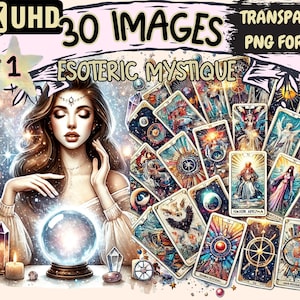Może przedstawiać: Kobieta z długimi brązowymi włosami wpatruje się w kryształową kulę. Jest otoczona mistyczną sceną z gwiazdami i rozłożonymi kartami tarota. Karty przedstawiają skomplikowane wzory i obrazy. Tekst "4K UHD 30 IMAGES PART 1 ESOTERIC MYSTIQUE TRANSPARENT PNG FORMAT" jest wyświetlany u góry obrazu.
