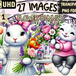 Flower Bunnies Clipart - 27 PNG Floral Rabbit Illustrations, Spring Bunny Art, Instant Digital Download, Unlimited Commercial Use for Crafts