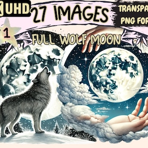 Full Wolf Moon Clipart - 27 PNG Lunar Illustrations, Farmer&#39;s Almanac Moons, Instant Digital Download, Unlimited Commercial Use for Crafts