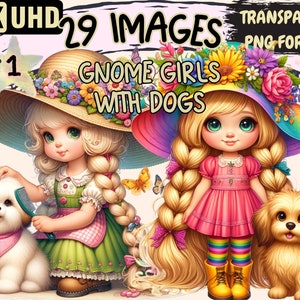 Gnome Girls with Dogs Clipart - 29 PNG Whimsical Gnome Graphics, Dog Printables, Instant Digital Download, Unlimited Commercial Use Crafts