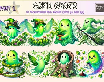 Green Ghosts Clipart - 35 PNG Spooky Cute Graphics, Whimsical Spirit Halloween Illustrations, Instant Digital Download, Commercial Use