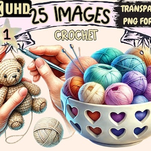 Crochet Clipart - 25 PNG Cozy Yarn and Hook Illustrations, Crafting Art, Instant Digital Download, Unlimited Commercial Use for Crafts