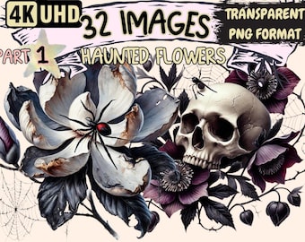 Haunted Flowers Clipart – 32 Spooky Halloween PNG Illustrations (Digital Download)