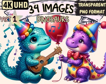 Fun Dinosaur Clipart – 34 PNG Graphics, Commercial Use (Digital Download)