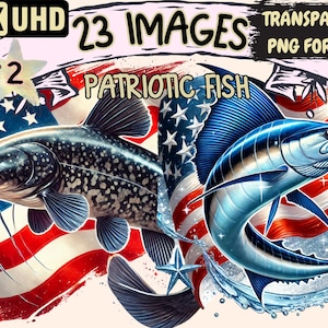 Patriotic Fish (P2) Clipart - 23 PNG American Flag Illustrations, Independence Day Art, Instant Digital Download, Unlimited Commercial Use