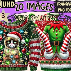 Ugly Sweaters (P3) Clipart - 20 PNG Festive Sweater Illustrations, X-Mas Holiday Art, Instant Digital Download, Unlimited Commercial Use