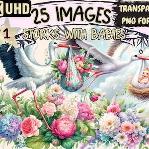Storks with Babies Clipart - 25 PNG Adorable Stork Graphics, Baby Shower Printables, Instant Digital Download, Unlimited Commercial Use
