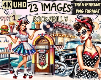 Rockabilly Clipart – Retro Music Illustrations, Vintage Art (PNG Digital Download)