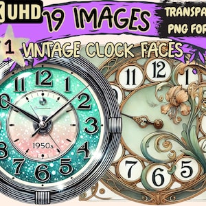 May include: Two vintage clock faces, one with a teal and white face and silver trim, the other with a gold trim and floral design. Both clocks have Roman numeral markings and the text "1950s".