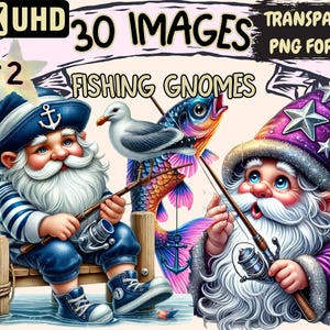 Fishing Gnomes (P2) Clipart - 30 PNG Angler Gnome Illustrations, Whimsical Art, Instant Digital Download, Unlimited Commercial Use Crafts