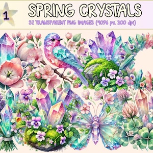 Spring Crystals Clipart - 52 PNG Pastel Flower Gemstone Graphics, Floral Printable Illustrations, Instant Digital Download, Commercial Use