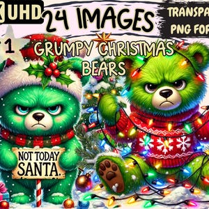 Grumpy Christmas Bears Clipart - 24 PNG Festive Bear Graphics, Funny Holiday Printables, Instant Digital Download, Unlimited Commercial Use